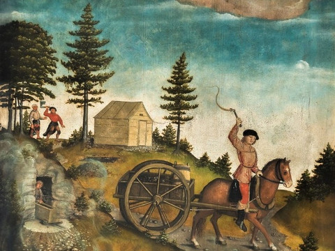 3-KSC-SBM-Bergparade-Bergbaulandschaft Hans Hesse 1522.jpg Landschaftsgemälde zeigt Bergbau-Szene: Reiter auf Pferd, Mineneingang, Hütten, Arbeiter, Tannenwald.Landscape painting shows a mining scene: rider on horseback, mine entrance, huts, workers, pine forest.Krajinomalba zobrazuje hornickou scénu: jezdec na koni, vchod do dolu, chatrče, dělníci, borový les.Obraz krajobrazowy przedstawiający scenę górniczą: jeździec na koniu, wejście do kopalni, chaty, robotnicy, las sosnowy.Landschapschilderij toont een mijnscène: ruiter te paard, mijningang, hutten, arbeiders, dennenbos.Paesaggio raffigurante una scena mineraria: cavaliere a cavallo, ingresso della miniera, capanne, operai, pineta.