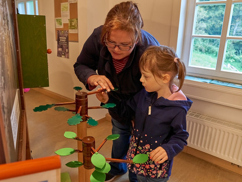 Beizehaus Nationalpark-Infostelle von innen Frau und Mädchen spielen mit einem Holzbaumspiel in einem Raum.
