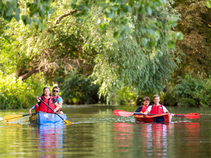 WF-Wassersport-05.jpg Menschen paddeln in farbigen Kanus auf einem ruhigen Fluss, umgeben von dichtem grünen Laub.