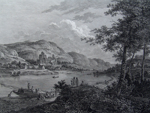 Wehlen mit Blick auf die Burg, Adrian Zingg C.A. Richter, Kupferstich, 34 x 44 cm, 1. H. 19. Jh Kupferstich im Vordergrund Bäume und zwei Menschen im Mittelgrund die Elbe mit Boot, im Hintergrund ein Ort mit Burg und Bergen