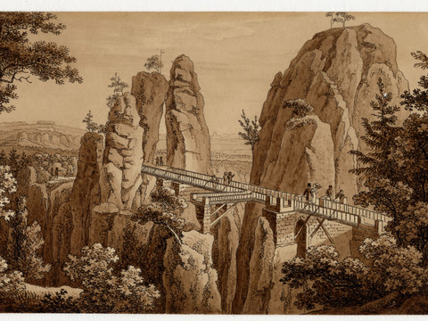 Sepiafarbenes historisches Bild der Basteibrücke mit Holzgeländer und Menschen auf der Brücke
