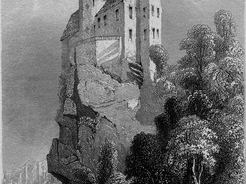 Burg Hohnstein, A.H. Payne, Stahlstich, 10 x 14 cm, um 1840 Burg auf einem Felsen, im Vordergrund Bäume