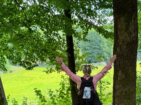 Genusstour Eifgenbachtal Wanderer:in steht auf bemoostem Baumstamm mit ausgebreiteten Armen im Eifgenbachtal.