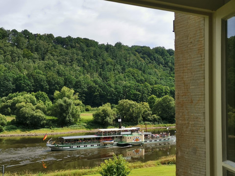 Blick auf die Elbe mit Schaufelraddampfer