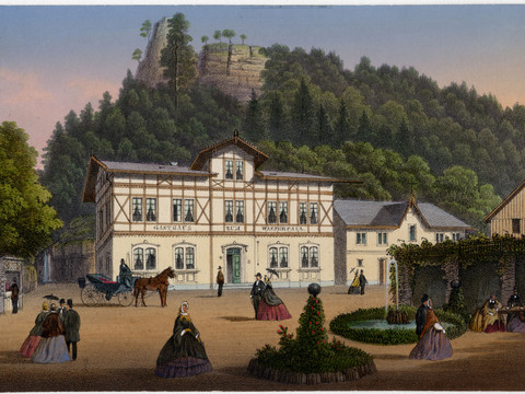unbekannter Künstler "Lichtenhainer Wasserfall, Gasthaus", Lithographie, f, G,el, ca. 1850 Historisches Gebäude mit Fachwerk, umgeben von Bäumen und Felsen; Menschen in historischer Kleidung.