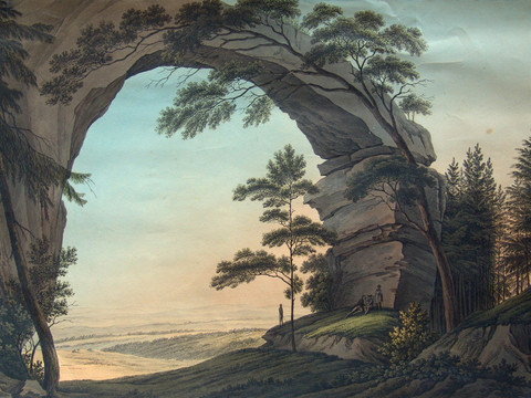 Hammer, Christian Gottlob "Prebischtor" Kupferstich, 1. H. 19. Jh. Blick durch einen großen Felsbogen, umgeben von Bäumen und sanften Hügeln im Hintergrund.