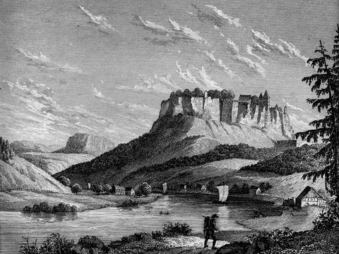 unbekannter Künstler (Führer von F. Thal) "Ans. a. d. sächs. Schweiz: Königstein", Stahlstich, sw, 1851 Blick auf eine Burg auf einem Hügel, umgeben von Bergen und einem Fluss mit Segelbooten.