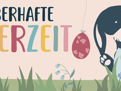 Zauberhafte Osterzeit Farbenfrohes Oster-Keyvisual mit Hasen, Frosch und dekorierten Eiern im Märchenwald.