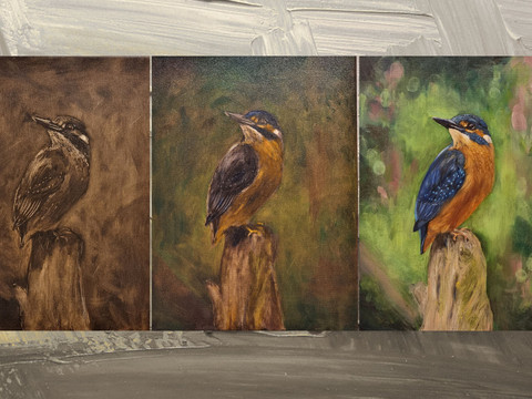 Malkurs Sächsische-Schweiz Yvonne-Brueckner 3 Ölbilder desselben Motivs in drei verschiedenen Arbeitsstadien.