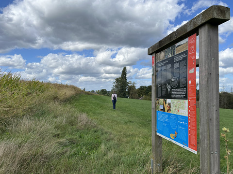 Bauernhofweg Person steht auf einem Wiesenweg neben einer Infotafel zum Bauernhofweg unter blauem Himmel mit Wolken.