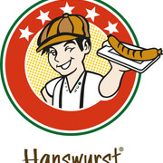 Hanswurst - Das Wurstrestaurant Auf dem Logo des Wurst-Restaurants hält ein Junge mit Kappe und Hosenträgern ein Tablett mit einer Wurst in der Hand. Das Logo wird von verschiedenen Ringen begrenzt. Im inneren Ring sind vier Sterne nebeneinander abgebildet.