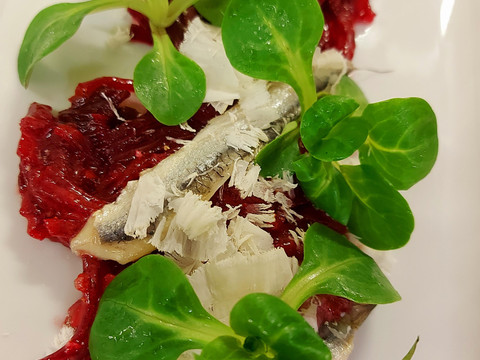 Rote-Beete- Carpaccio mit Sardinen
