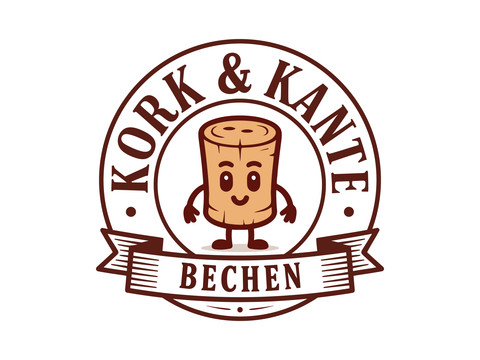 Weinhandel Kork & Kante Logo von Kork & Kante Bechen mit lächelndem Korken im braunen Rundemblem.