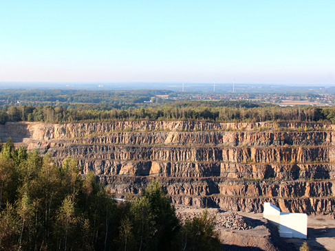 Steinbruch mit gestuften Felswänden im Vordergrund, dahinter weitläufige Waldlandschaft.