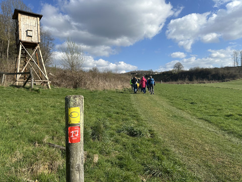 Markierungszeichen am Bierweg Wandergruppe auf Wiesenweg, vorn Wegmarkierungen, links ein hölzerner Hochsitz.