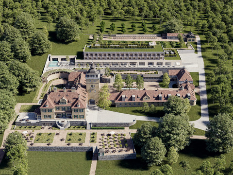 Schloss Lerbach aus der Luft Schloss Lerbach aus der Luft mit Parkanlage, Innenhof und modernen Gebäudeflügeln im Grünen