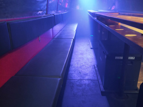 Wolle's Eventfahrten Innenraum eines Planwagens mit Sitzbänken, Tischen und blau-violetter Partybeleuchtung