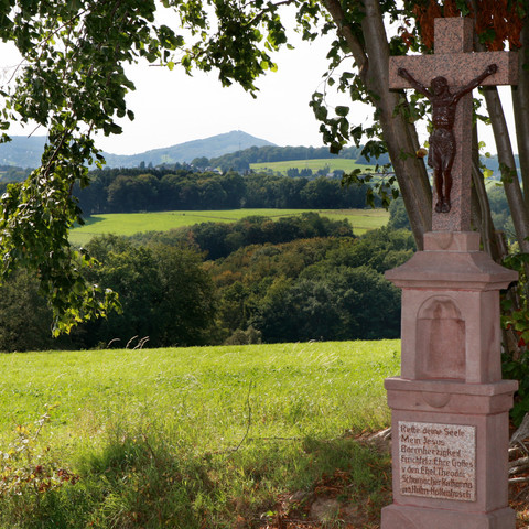 bei Hollenbusch ```html <p>Steinernes Wegkreuz neben Bäumen, mit weitem Blick auf grüne Hügel und entfernte Berge.</p> ```