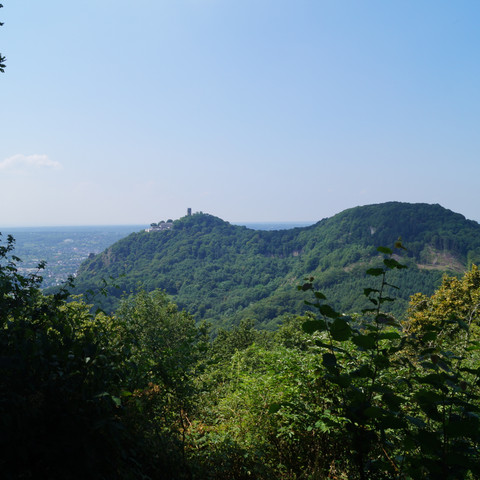 Blick vom Großen Breiberg auf Drachenfels und Wolkenburg Grüne bewaldete Hügel mit einer kleinen Burg und Blick über die weitläufige Landschaft bis zum Horizont.