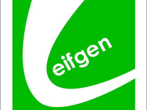 Markierungszeichen Eifgenbachweg Grünes Quadrat mit weißem, stilisiertem Buchstaben "L" und dem Schriftzug "Leifgen" diagonal.