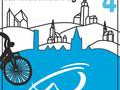 Markierungszeichen Kirchdorfradweg 4 Logo des Kirchdorf-Radwegs mit Fahrrad, blauen Hügeln und stilisierter Stadtsilhouette, rechts die Zahl 4.