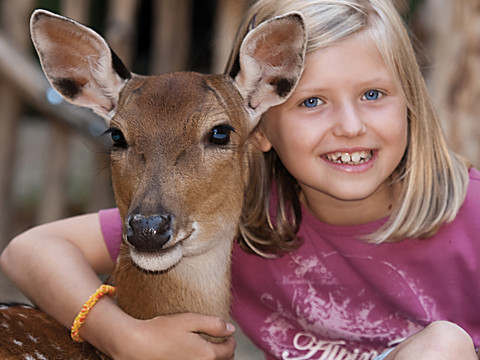 Dívka se mazlí s jelenem v Zoo Görlitz, oba se šťastně dívají do kamery.