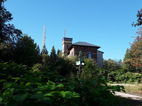 Ein Backsteingebäude mit Turm im Grünen, umgeben von Bäumen, vor klarem Himmel.A brick building with a tower in a green setting, surrounded by trees, against a clear sky.Cihlová budova s věží v zeleni, obklopená stromy, na pozadí jasné oblohy.Ceglany budynek z wieżą w zielonej scenerii, otoczony drzewami, na tle czystego nieba.Een bakstenen gebouw met een toren in een groene omgeving, omringd door bomen, tegen een heldere hemel.Un edificio in mattoni con una torre in un ambiente verde, circondato da alberi, con un cielo limpido.