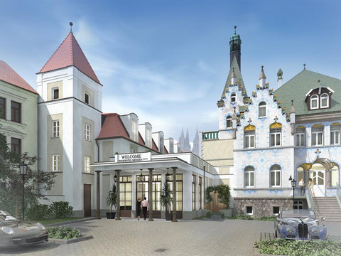 Hoteleingang Moderner Hoteleingang mit Türmchen, elegante Architektur und zwei Oldtimer im Vordergrund.Modern hotel entrance with turrets, elegant architecture and two vintage cars in the foreground.Moderní vchod do hotelu s věžičkami, elegantní architekturou a dvěma historickými automobily v popředí.Nowoczesne wejście do hotelu z wieżyczkami, elegancka architektura i dwa zabytkowe samochody na pierwszym planie.Moderne hotelingang met torentjes, elegante architectuur en twee oldtimers op de voorgrond.Ingresso di un hotel moderno con torrette, architettura elegante e due auto d'epoca in primo piano.