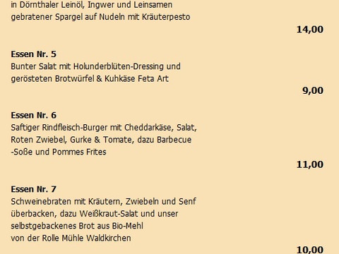 Menu with dishes such as asparagus soup and beef tongue, order deadline at 5 pm.