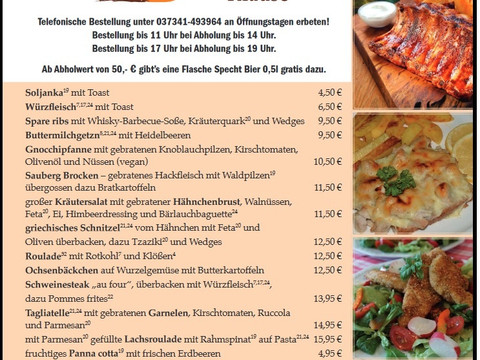 Menu di giugno-luglio del Sau-gute Klause con vari piatti e prezzi.