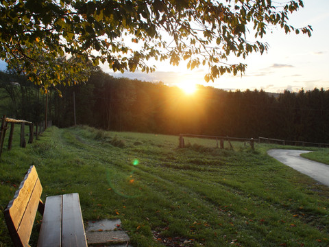 Poetische Wanderung rund um Overath <p>Sonnenuntergang hinter Bäumen und einer Wiese mit Bank im Vordergrund, ländliche Landschaft Overath.</p>