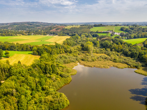 Herrenteich  Weitläufige Landschaft mit Feldern und einem See, umgeben von üppigen Wäldern unter blauem Himmel.