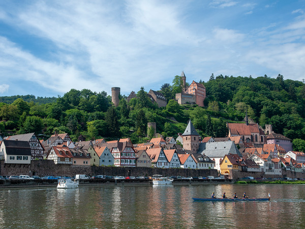Hirschhorn, historischer Ortskern mit Burg Hirschhorn vom östlichen Neckarufer. Ruderer.