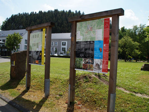 Streifzug „Baumweg“ Ein hölzernes Infotafel steht auf einer grünen Wiese vor einem weiß-grauen Gebäude und einem Wald.