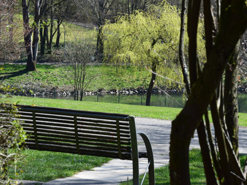 Kurpark in Nümbrecht  Parkbank im Schatten mit Blick auf grüne Wiesen und Bach im Hintergrund, umgeben von Bäumen.
