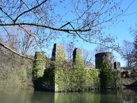 Burgruine Eibach Ruinen von Burg Eibach in Lindlar, umgeben von Bäumen und einem Teich an einem klaren, sonnigen Tag.