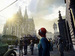 TimeRide Cologne: Cologne 1926 Historische Szenerie in Köln, belebt mit Menschen in Kleidung der frühen 20er Jahre. Der imposante Kölner Dom thront im Hintergrund, während Passant*innen und ein nostalgisches Auto die Szene beleben.Historic scene in Cologne, enlivened by people in clothing from the early 1920s. The imposing Cologne Cathedral towers in the background, while passers-by and a nostalgic car enliven the scene.