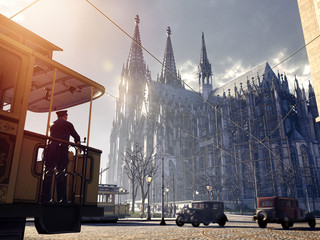 TimeRide Cologne: Cologne 1926 Historische Straßenbahn vor dem monumentalen und imposanten Kölner Dom im Jahr 1926.Historic streetcar in front of the monumental and imposing Cologne Cathedral in 1926.