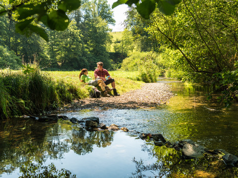 Wandern am Eifgenbachweg Ein Paar sitzt auf einer Wiese am Ufer eines ruhigen Bachs, umgeben von üppigem Grün.