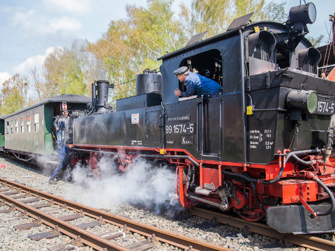 Döllnitzbahn "Wilder Robert" - region Lipska Maszynista Döllnitzbahn "Wilder Robert" wygląda przez okno kolejki wąskotorowej.