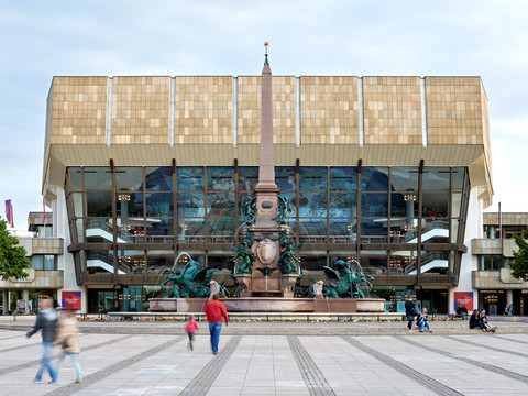Gewandhaus zu Leipzig and the Mendebrunnen - City of Music Leipzig View of the Mendebrunnen and the Gewandhaus zu Leipzig on Augustusplatz, where the famous Gewandhaus Orchestra plays and which is a real sight in the music city of Leipzig, cultural institution