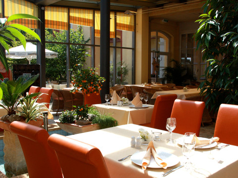 Wintergarten Restaurant Parkhotel Bad Schandau Helles Restaurant mit orangefarbenen Stühlen, gedeckten Tischen und Pflanzen. Große Fenster lassen viel Licht herein, die Atmosphäre wirkt einladend.