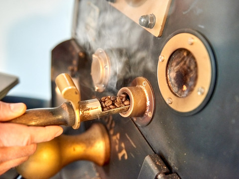 Café & Wine House Coffee Roasting Schmole in Pirna Nahaufnahme einer Hand, die einen Probenzieher mit gerösteten Kaffeebohnen aus einem bronzefarbenen Kaffeeröster zieht.
