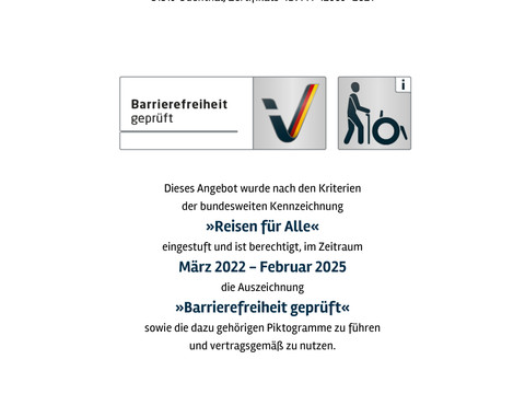 Zertifikat "Reisen für alle" Urkunde für Küchenhof Altenberg, barrierefrei zertifiziert, gültig März 2022 bis Februar 2025.