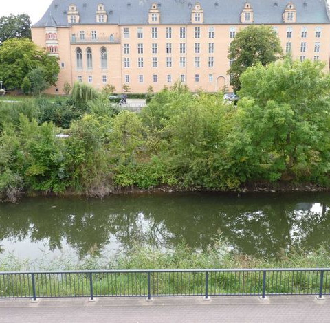 Blick auf das Welfenschloss, Werra und Blümer Werder aus dem OG