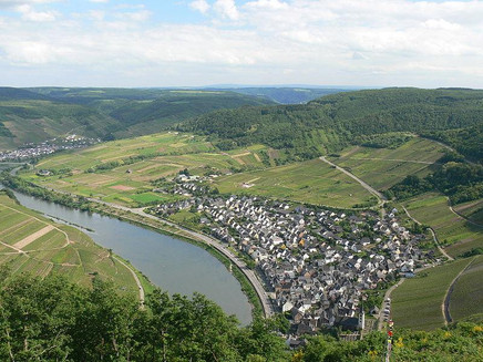 Blick vom Bremmer Gipfelkreuz auf Bremm und die Moselschleife