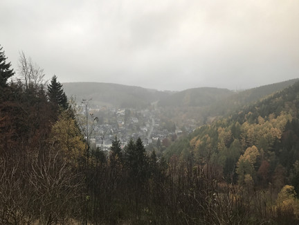 Blick vom ehemaligen Skihang im Nebel nach Lauscha.