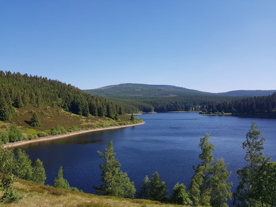 Eckertal dam with view of the Brocken
