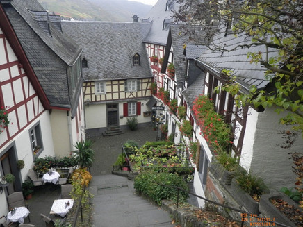View from the monastery steps of the half-timbered charm of Beilstein
