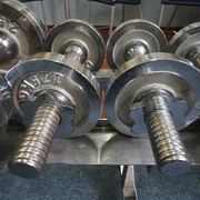 BodyTop  Das Bild zeigt mehrere silberne Hanteln, die in einem Fitnessstudio aufgereiht sind.